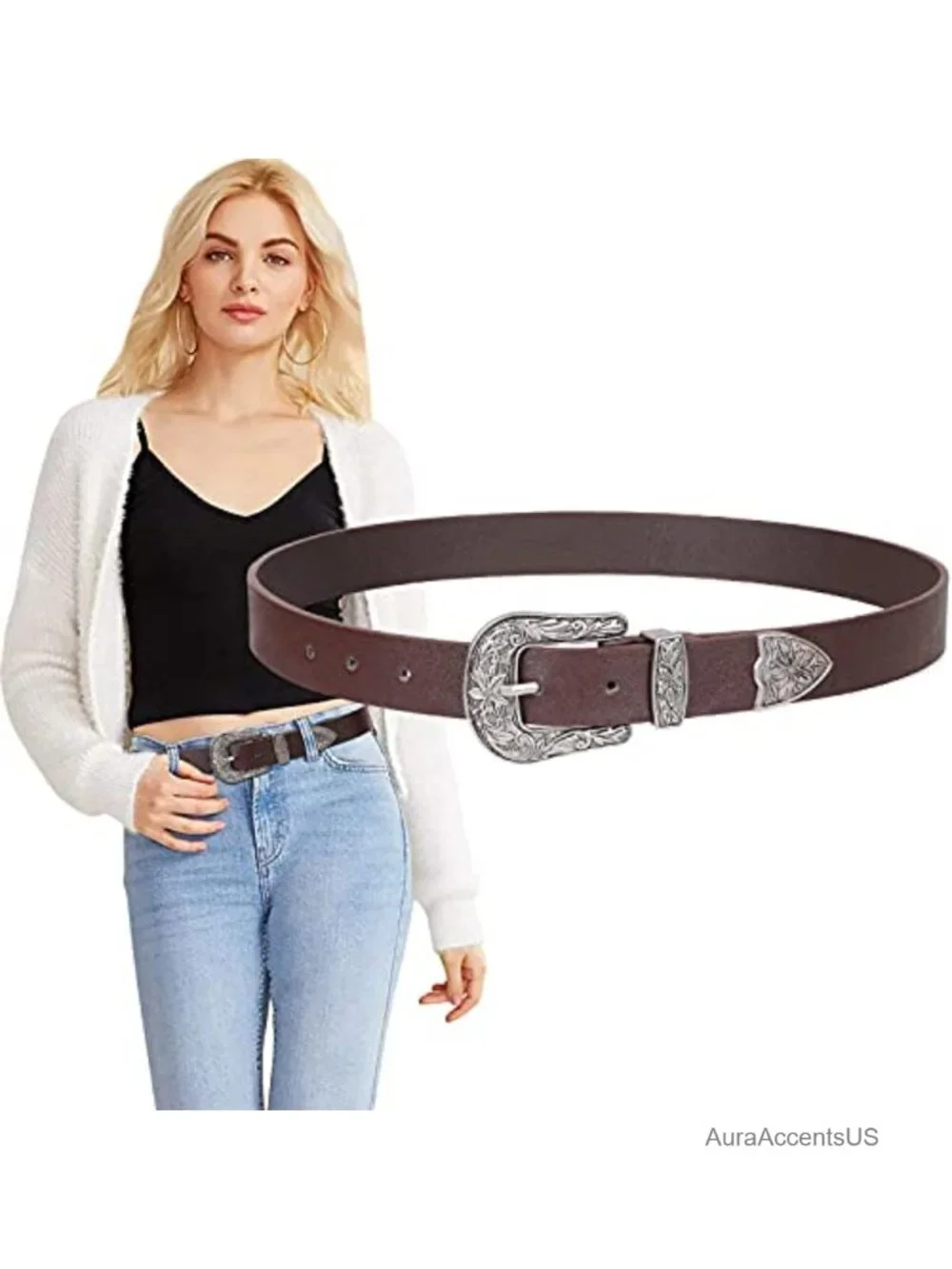 Genuine Leather Western Belt with Buckle for Women Waist Cinch Jeans Dresses